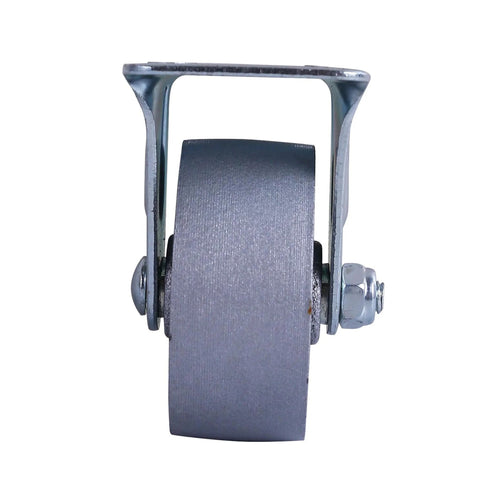 Front view of a 2-Inch Cast Iron Rigid Plate Caster With 1-1/4-Inch Wide And 2-Inch Diameter Silver Wheel, Heavy-Duty Rigid Plate Mount.