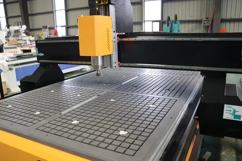 4 Axis CNC Router Machine For Wood And Soft Metal with rotary axis, close-up of work surface and spindle in workshop