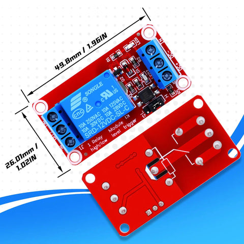 12V DC Relay Module With Optocoupler Isolation, One Channel, front and back view, features high low level trigger for automation projects.