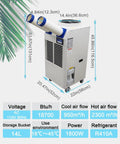 Industrial Portable Air Conditioner Delivers Badass 18700 BTU Cooling Power And Crushes Blistering Heat Like A Champ With 950 Cubic Meter Airflow And A Roomy 14 Liter Tank For Seamless Indoor Or Outdoor Use, showcasing dimensions and specs.