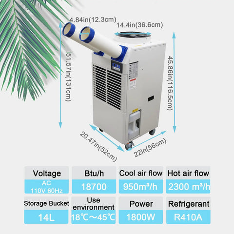 Industrial Portable Air Conditioner Delivers Badass 18700 BTU Cooling Power And Crushes Blistering Heat Like A Champ With 950 Cubic Meter Airflow And A Roomy 14 Liter Tank For Seamless Indoor Or Outdoor Use, showcasing dimensions and specs.