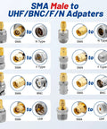 Diagram of 16 Piece RF Coaxial Adapter Kit UHF BNC N F To SMA Male And Female Connectors for ham radio antenna and more.