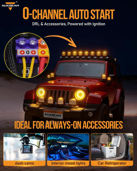 Red vehicle with 8 Gang Switch Panel With Rotary Knob And RGB Backlit Control and auxiliary lights for rugged use.