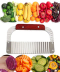 Front view: Zorveiio stainless steel crinkle cutter with wooden handle for vegetables