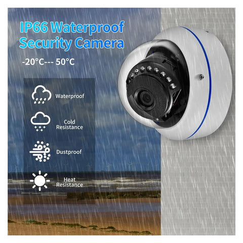 IP66 Waterproof Security Camera showcasing cold resistance and heat resistance features for reliable outdoor use.