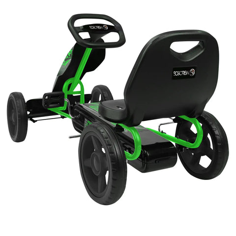 Rear view of Pedal Go Kart for Kids, Kid Friendly, With Realistic Driving Action and Immersive Ride Built for Safe Outdoor Fun Green Color Durable Steel Frame