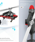 Airwolf A61 4CH RC Helicopter For Adults And Newbies, 1 To 42 Scale, aileronless, top view design, rotor close-up, black white.
