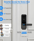 Image of WiFi Smart Deadbolt With Handle And Video Peephole For City Pros In Upscale Apartments And Condos, Fingerprint And PIN Keyless Entry installed on a white door, showcasing user access options.