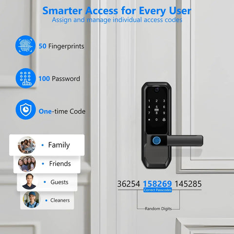 Image of WiFi Smart Deadbolt With Handle And Video Peephole For City Pros In Upscale Apartments And Condos, Fingerprint And PIN Keyless Entry installed on a white door, showcasing user access options.