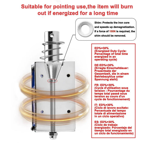 12V DC Solenoid Electromagnet With 20mm Stroke And 50N Hold Force Push Pull Type Open Frame Linear Motion Actuator For Automation Projects Durable Copper Coil Easy Install showing open frame spring and duty cycle notes