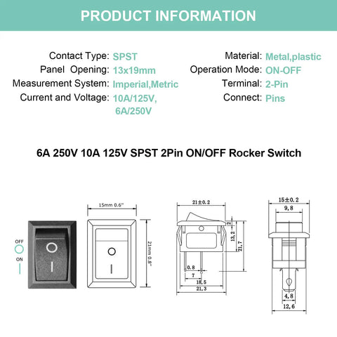 Diagram of Five Pack On Off Boat Rocker Switches, 2 Pin 2 Position Snap In Marine Electrical Switches, 12V 110V 250V Compatible