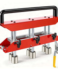 Red 3 Station Metal Roofing Bender with Edge Roller, ideal for 0 to 90 degree bends, shown with yellow-handled snips.