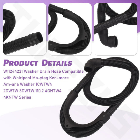 Washer Drain Hose Replacement Compatible With Maytag 1CWTW4 2DWTW 3DWTW 3LWTW 3NWTW4800 3SWTW4800 4GWTW 4GMVW 4KMVW 4KNTW 7MMVW Series Plug And Play No Fuss Install Flexible Hose For Quiet Leak Free Draining, black corrugated drain hose