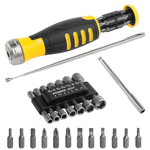 28 Piece Magnetic Ratcheting Screwdriver Set With CRV Bits Nut Drivers And Telescoping Magnetic Pickup Tool for DIY use, high torque.