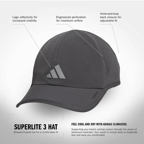 Men's Superlite Cap With Perforated Panels For Maximum Airflow And Quick Dry Lightweight Moisture Wicking Workout Hat With Low Profile Crown And Climacool Tech One Size Fits All Grey Silver Metallic, showing front view with reflective logo and perforated panels.