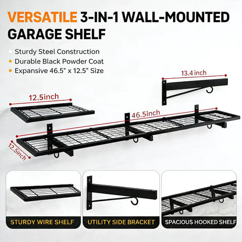 Heavy Duty Garage Wall Shelves 46 Inch By 12 Inch Floating Shelves Wall Mounted With 190 Lb Load Capacity Black Storage Rack diagram.