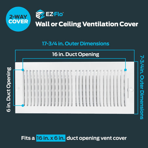 Heavy Duty 16 By 6 Inch Duct Opening Air Vent Cover for Wall or Ceiling, two-way airflow, white steel, dimensions shown