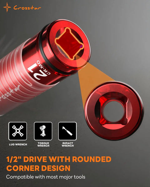 Red 21mm CR-Mo steel impact socket with rounded corners from Heavy Duty Half Inch Drive Lug Nut Impact Socket Set Deep Thin Wall Sockets.