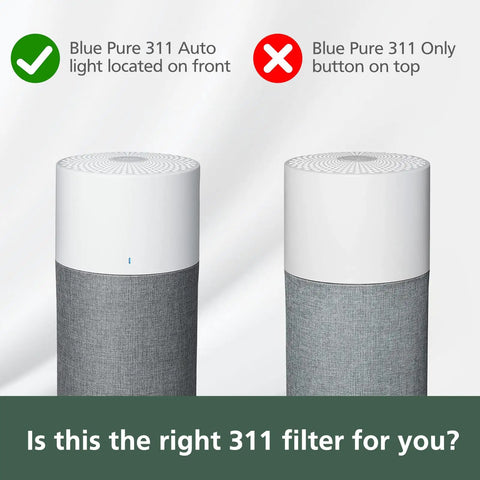 Comparison image of Blueair Blue Pure 311 Auto and Only models showing filter error notifications, with text guidance.
