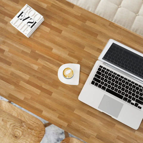Butcher Block Contact Paper Waterproof Vinyl Wrap for Countertops and Cabinets 32 by 118 Inches Dope Wood Grain Peel and Stick Removable Wallpaper Tables Shelves DIY Kitchen Makeover with wooden table top view, laptop, and coffee