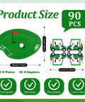 Dope 90 Piece Golf Party Paper Plates And Disposable Napkin Set Featuring Fresh Green Golf Course Layouts With Cool Sports Ball Print Tableware. Size and material details.