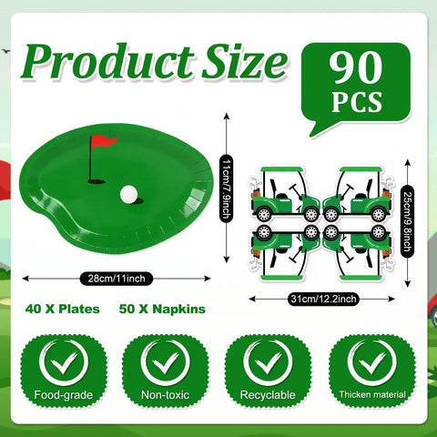 Dope 90 Piece Golf Party Paper Plates And Disposable Napkin Set Featuring Fresh Green Golf Course Layouts With Cool Sports Ball Print Tableware. Size and material details.