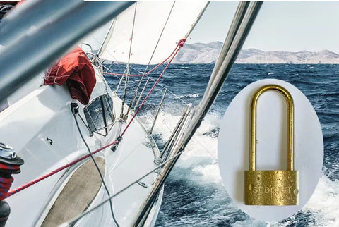 SEDORTI weatherproof brass padlock with long shackle, 1-1/2 in wide, marine-grade