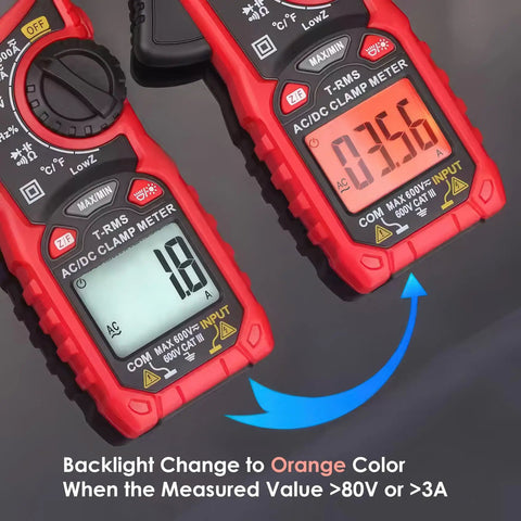 Two Digital Clamp Meters With True RMS For AC And DC Voltage Displaying Readings And Orange Backlight On Right Meter