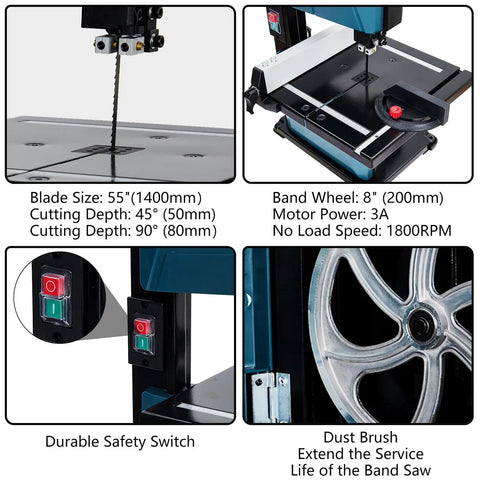Rugged 8-Inch Benchtop Bandsaw Workhorse With 3-Amp Motor Crushing Wood At 1800 Fpm features blade size and durable safety switch.