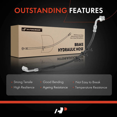 Front Brake Hydraulic Hose For Ford E250 E350 Econoline And E450 Super Duty 2-Piece Front Left Replacement Direct Fit ABS Compatible Fits 1995 Through 2005 E Series shown with packaging and features list: strong tensile, good bending, high resilience, ageing and temperature resistance.