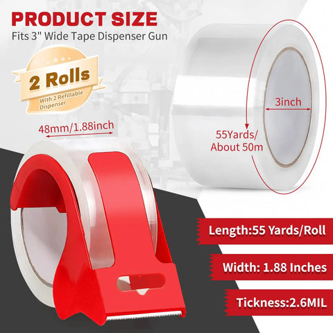 Two Roll Clear Heavy Duty Packing Tape With Dispenser Pack Strong And Durable Shipping Tape 1.88 Inch By 55 Yards Per Roll Ideal For Packing Boxes Moving Shipping And Mailing, showing tape measurements and red dispenser