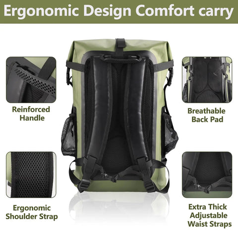 40L Waterproof Backpack Dry Bag for Hiking and Travel showing ergonomic design, padded shoulder straps, breathable back panel