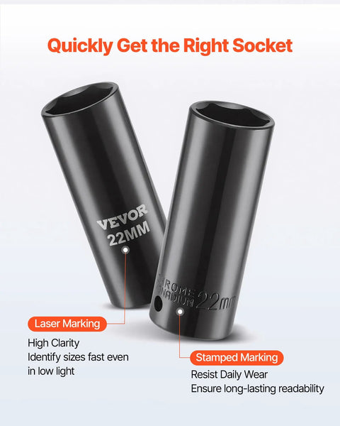 Heavy Duty Badass 29 Piece 1/2 Inch Drive Impact Socket Set Featuring Deep Well CR-V Steel Black Phosphate Coating For Superb Torque Transfer And Serious Garage Wrenching Sessions displaying a 22mm black impact socket with laser and stamped markings.