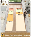 Various sizes of kitchen mats displayed in a kitchen setting, including the Anti Fatigue Kitchen Mat Runner 24x87 Inches.