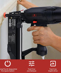 Pro Grade 16 Gauge Finish Nailer Gun Featuring One To Two And Half Inch Capacity And Lightning Fast Ninety Shots Per Minute in use, highlighting features.