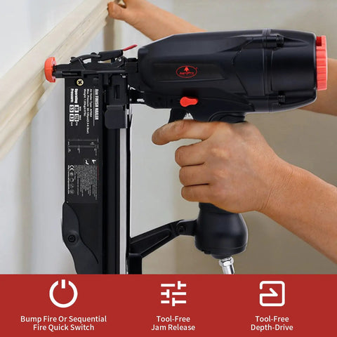 Pro Grade 16 Gauge Finish Nailer Gun Featuring One To Two And Half Inch Capacity And Lightning Fast Ninety Shots Per Minute in use, highlighting features.