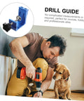 Man using Pocket Hole Jig Kit For Woodworking With Easy Assembly, Dowel Kit And Drill Bit Guide, tool is in use with a dog watching.