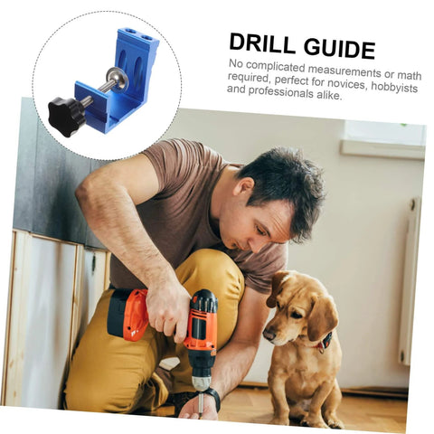 Man using Pocket Hole Jig Kit For Woodworking With Easy Assembly, Dowel Kit And Drill Bit Guide, tool is in use with a dog watching.