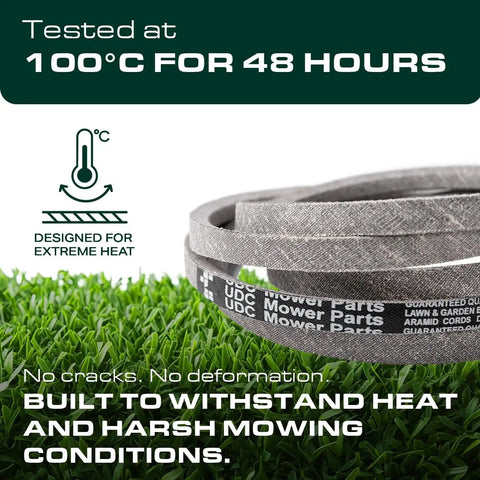 Beefed Up Replacement Mower Deck Belt 0.67 Inch Wide 152 Inch Long Aramid Cord For Hustler FasTrak shown on grass