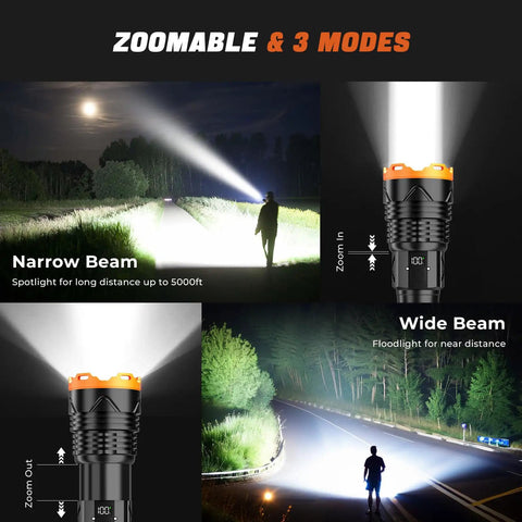 Beast Mode Ultra Bright LED Flashlight 100000 Lumens Rechargeable 50W Beam Long Lasting USB C Quick Charge 3 Mode Operation
