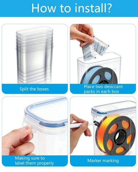How to install Six Pack 1.75mm Filament Storage Boxes With Desiccants; transparent blue boxes, adding desiccant, sealing, labeling