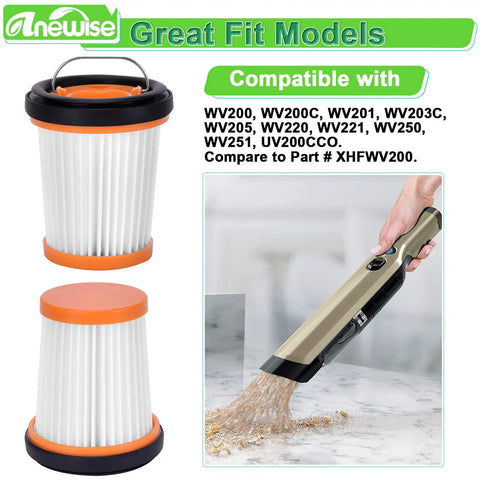Must Have Replacement Filter Kit For Shark Wandvac ION W1 S87 Cordless Handheld Vacuum Models WV200 WV200C WV201 WV205 WV220 WV221 WV250 WV251 6 Pack Filters Part XHFWV200 displayed with handheld vacuum