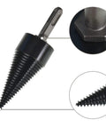 Heavy Duty Firewood Drill Bit With Removable Wood Splitter Cone, Tough As Nails High Carbon Steel Log Breaker Driver close-up.