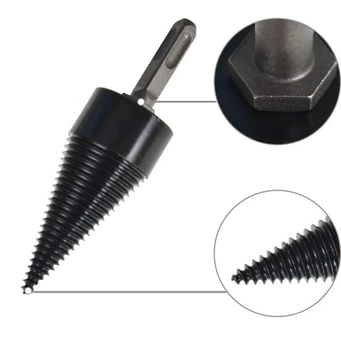 Heavy Duty Firewood Drill Bit With Removable Wood Splitter Cone, Tough As Nails High Carbon Steel Log Breaker Driver close-up.