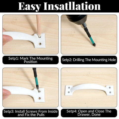 Easy installation steps for 2 Pack White Barn Door Handle Pulls 5.5 Inch With Screws, shown on a wooden surface.