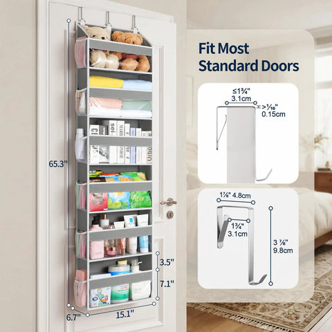 Game Changing Over The Door Organizer With Six Hella Roomy Clear Pockets For Sneakers Accessories And Daily Gear Heavy Duty Hanging Closet Rack To Declutter Any Tight Room Today on a standard door showing various items in the pockets.
