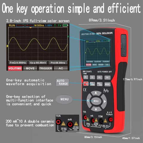2 In 1 Oscilloscope Multimeter With 2.8 Inch IPS Display 9999 Counts showing waveform on screen, buttons and controls visible