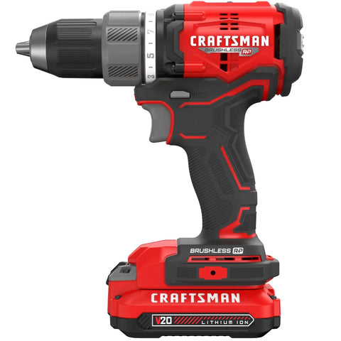 Brushless Cordless Drill Driver Kit With Two Batteries And Charger, 1/2 Inch Ratcheting Chuck, side view, dual speed gearbox visible