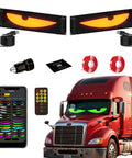 Devil Eyes LED Lights For Windshield 2 Pack 23.6In X 4.7In shown on a red truck with remote, app, and accessories