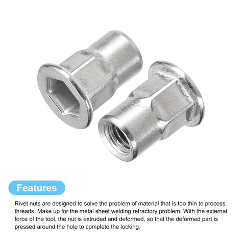 M6 Half Hex Rivet Nuts For 304 Stainless Steel Flat Head Threaded Inserts, 60 Piece Pack, 1mm Pitch, 15.5mm Total Length